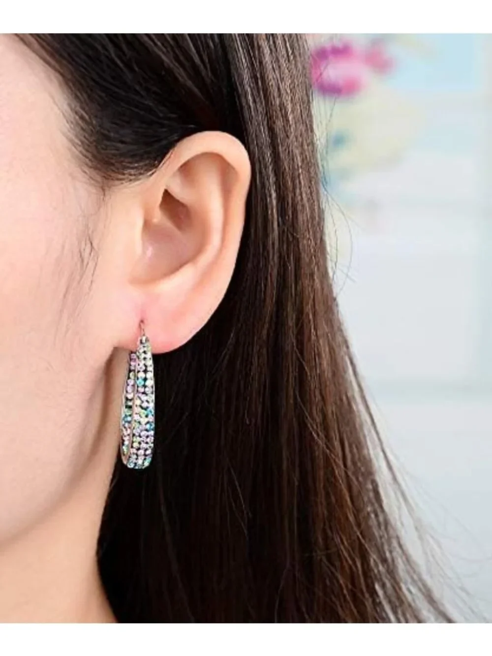 Sparkling Silver Plated Inside Out Crystal Hoop Earrings for Women - 1.2 Inch